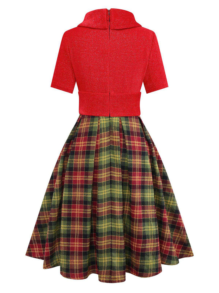[Vorverkauf] Rot 1950er Weihnachten Rollkragen Glitzer Pullover Plaid Kleid