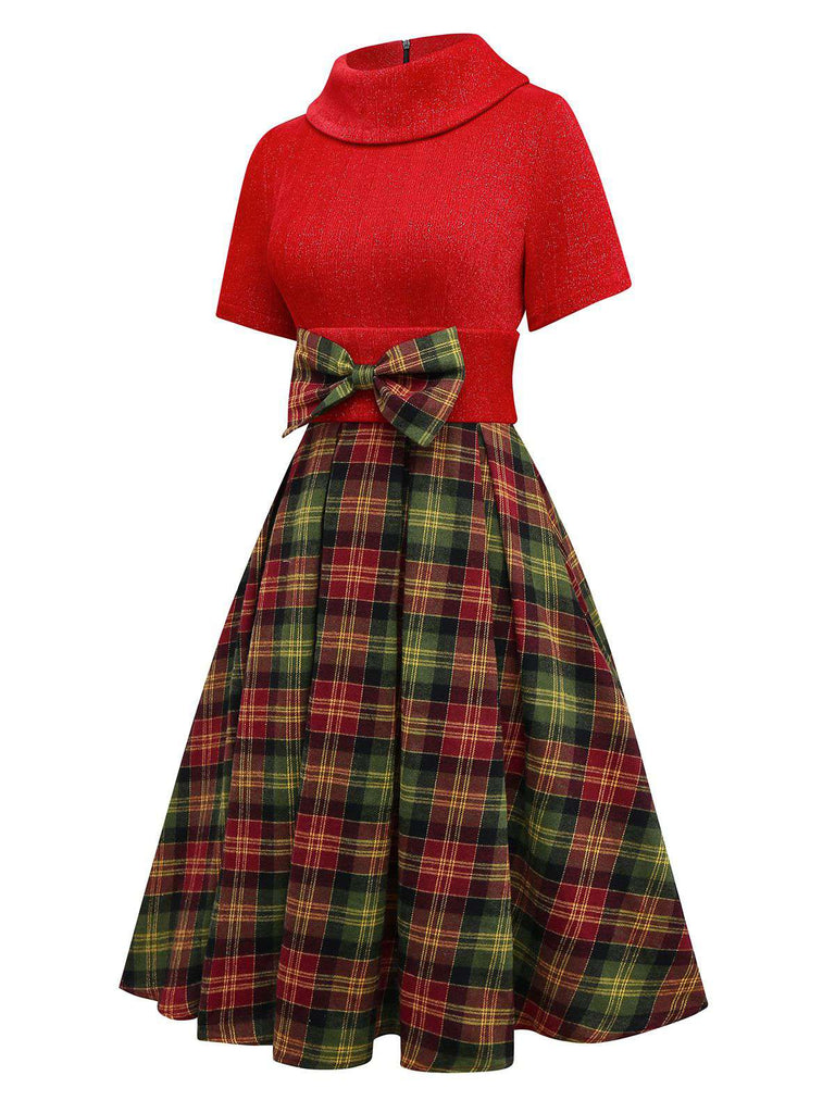 [Vorverkauf] Rot 1950er Weihnachten Rollkragen Glitzer Pullover Plaid Kleid