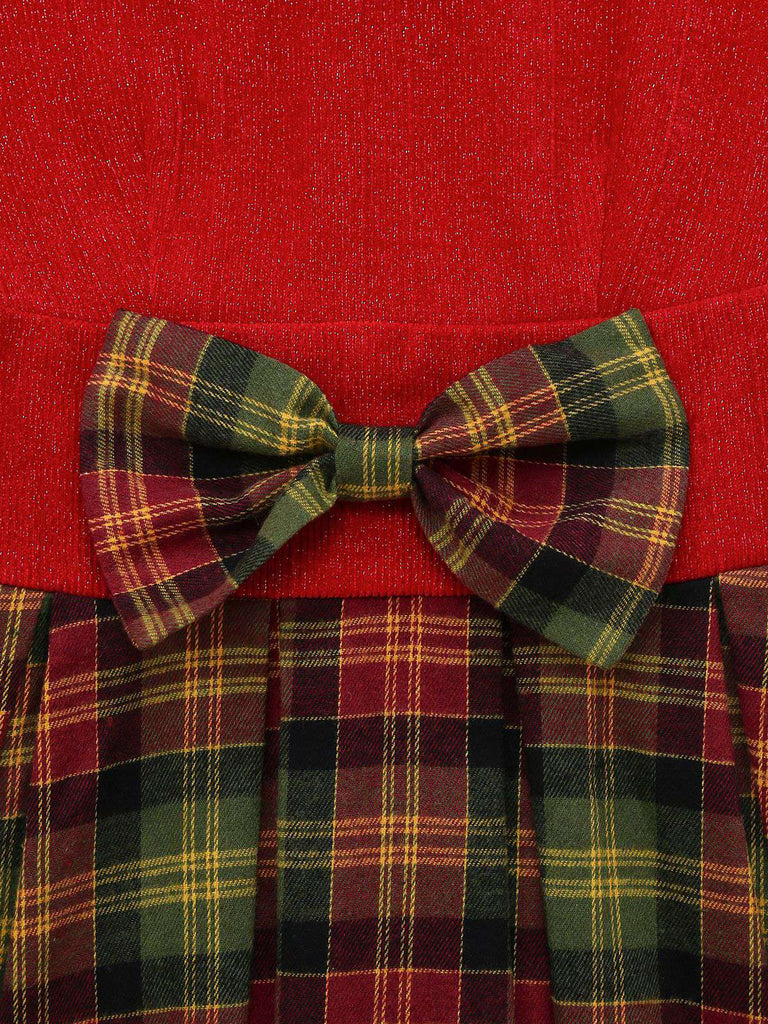 [Vorverkauf] Rot 1950er Weihnachten Rollkragen Glitzer Pullover Plaid Kleid