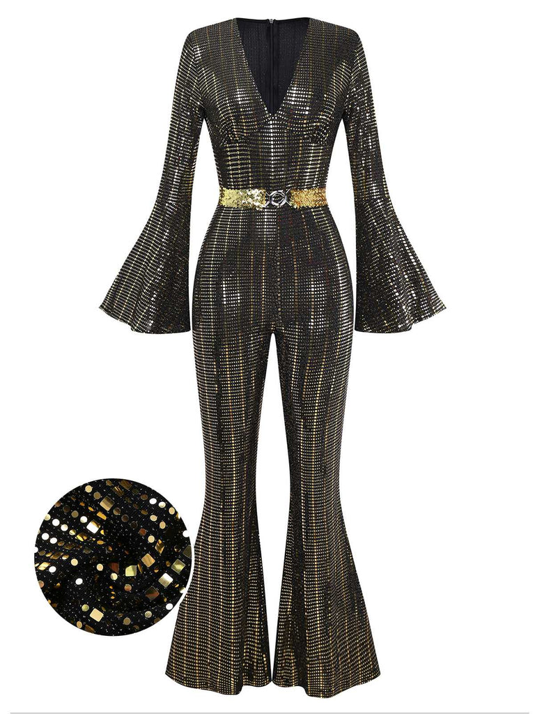 [Vorverkauf] Schwarz & Gold 1980er Pailletten Glockenärmel Jumpsuit