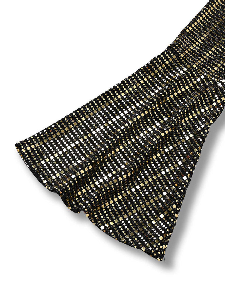[Vorverkauf] Schwarz & Gold 1980er Pailletten Glockenärmel Jumpsuit