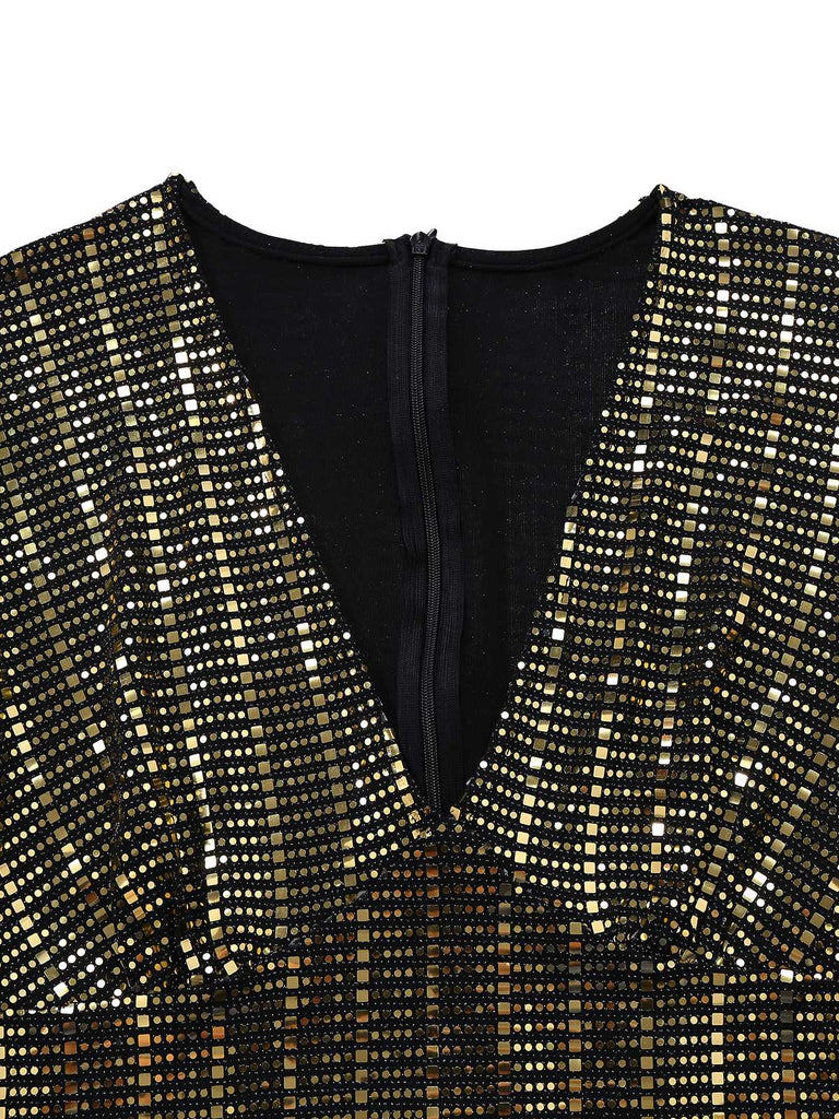 [Vorverkauf] Schwarz & Gold 1980er Pailletten Glockenärmel Jumpsuit