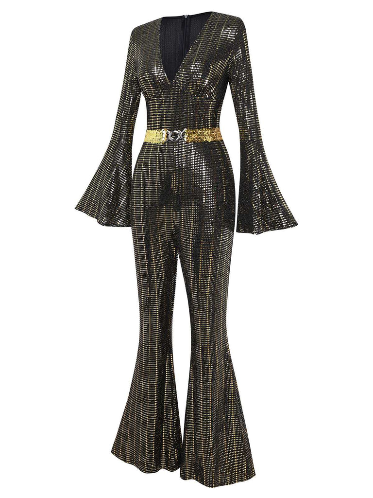 [Vorverkauf] Schwarz & Gold 1980er Pailletten Glockenärmel Jumpsuit