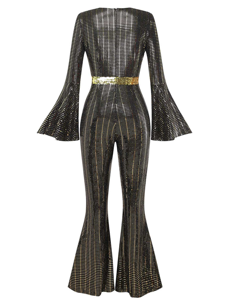 [Vorverkauf] Schwarz & Gold 1980er Pailletten Glockenärmel Jumpsuit