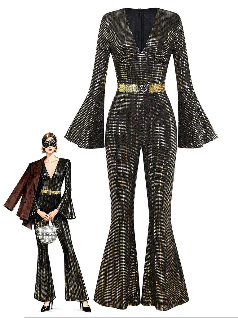 [Vorverkauf] Schwarz & Gold 1980er Pailletten Glockenärmel Jumpsuit
