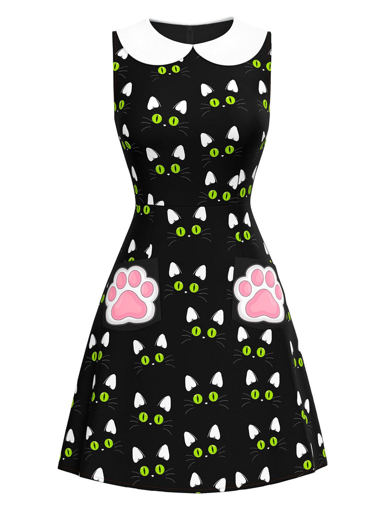 [Vorverkauf] Schwarz 1960er Katze Drucken Pfote Taschen Kleid