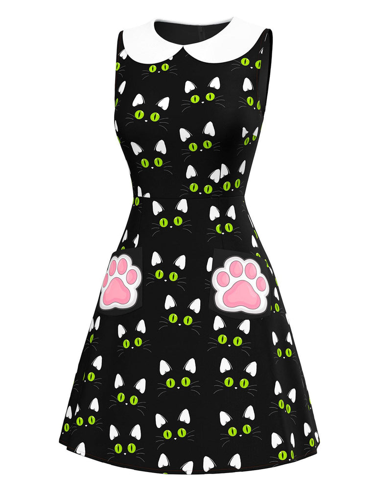 [Vorverkauf] Schwarz 1960er Katze Drucken Pfote Taschen Kleid