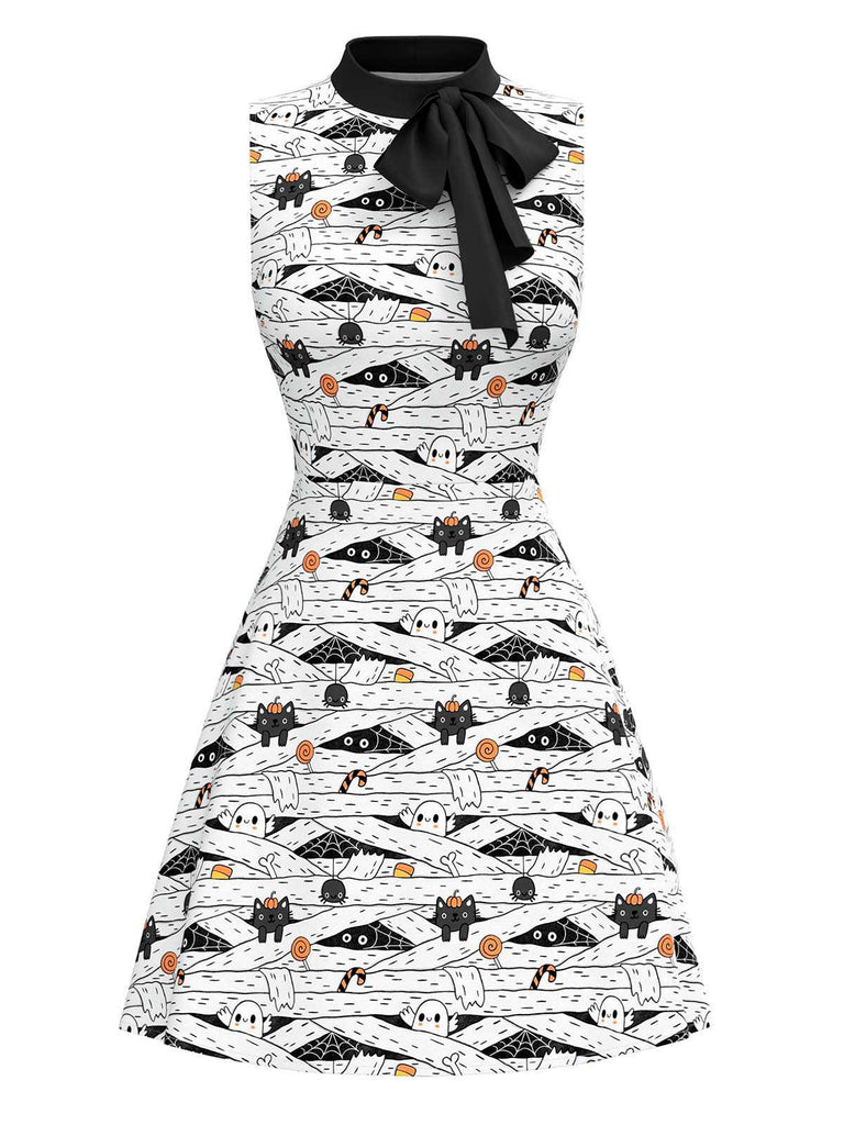 [Vorverkauf] Weiß & Schwarz 1960er Katze Drucken Bogen Nacken Kleid