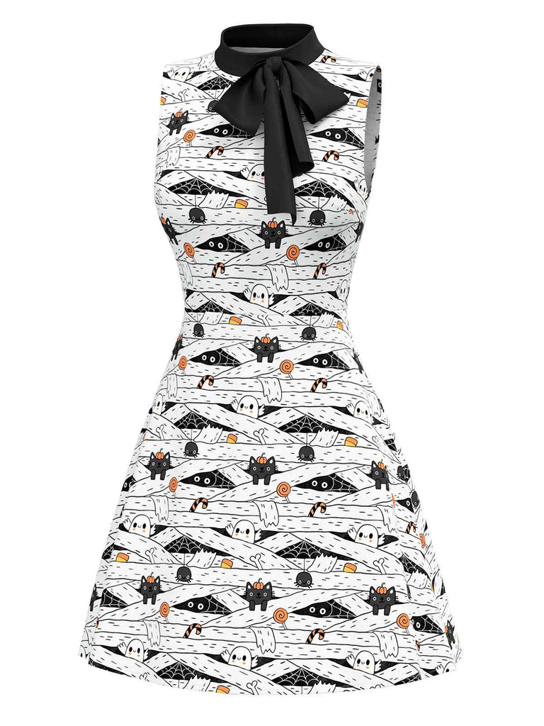 [Vorverkauf] Weiß & Schwarz 1960er Katze Drucken Bogen Nacken Kleid