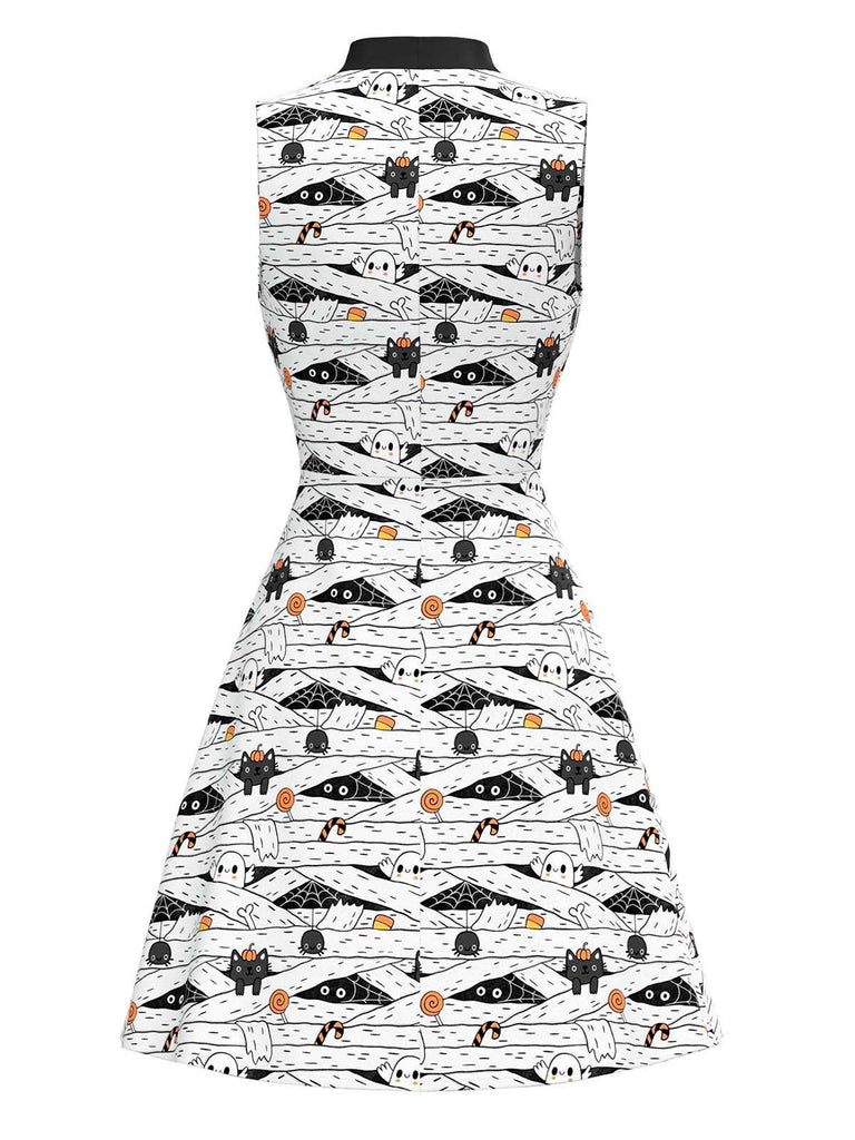 [Vorverkauf] Weiß & Schwarz 1960er Katze Drucken Bogen Nacken Kleid