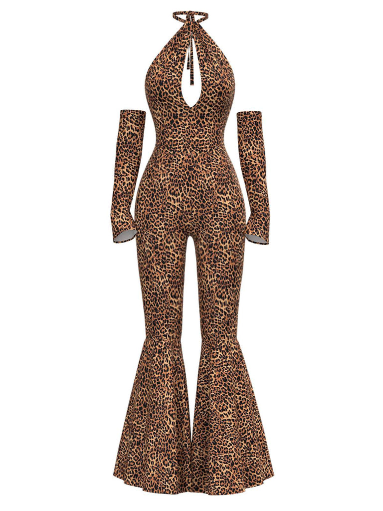 [Vorverkauf] Braun 1950er Leopard Halter Hohl Ausgestellt Jumpsuit