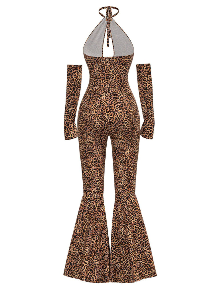 [Vorverkauf] Braun 1950er Leopard Halter Hohl Ausgestellt Jumpsuit