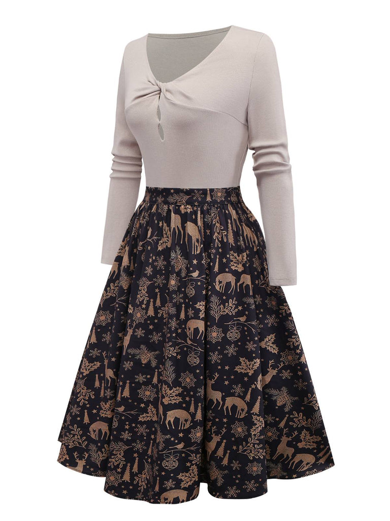[Vorverkauf] Beige 1950er Twisted Stricken Weihnachten Elch Swing Kleid