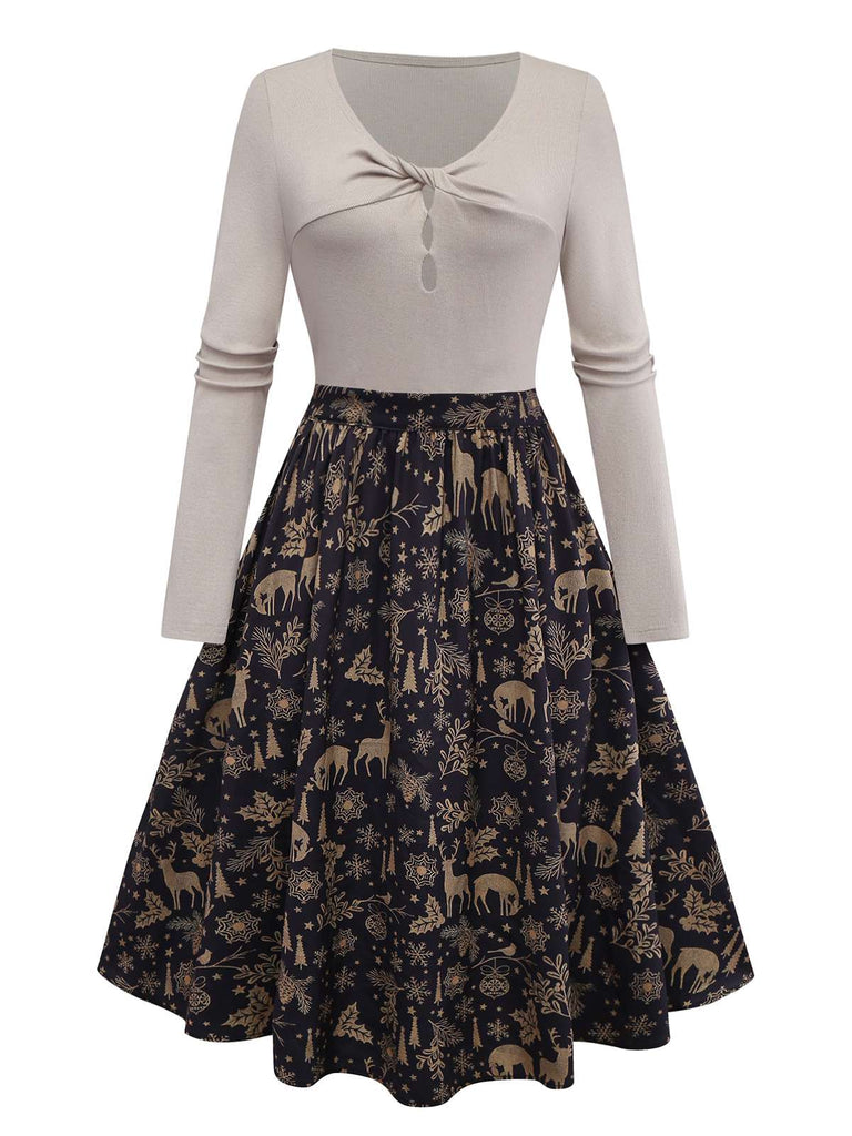[Vorverkauf] Beige 1950er Twisted Stricken Weihnachten Elch Swing Kleid