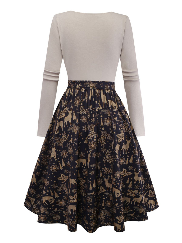 [Vorverkauf] Beige 1950er Twisted Stricken Weihnachten Elch Swing Kleid