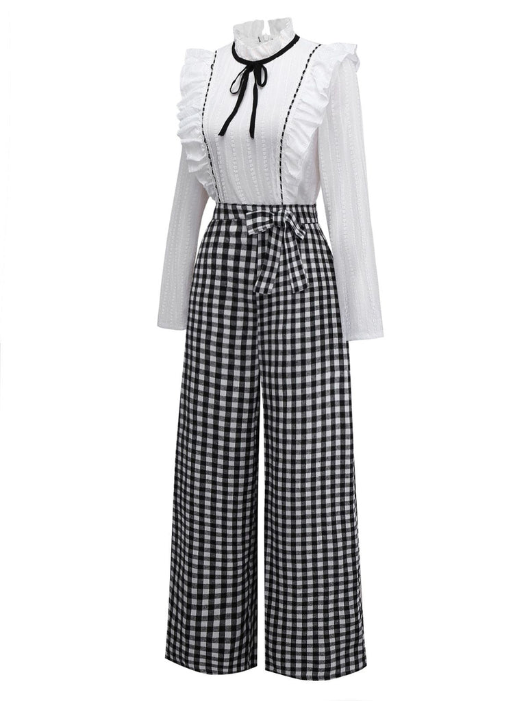 [Vorverkauf] 1930er Baumwolle Rüschen Kragen Bogen Tie Gingham Jumpsuit