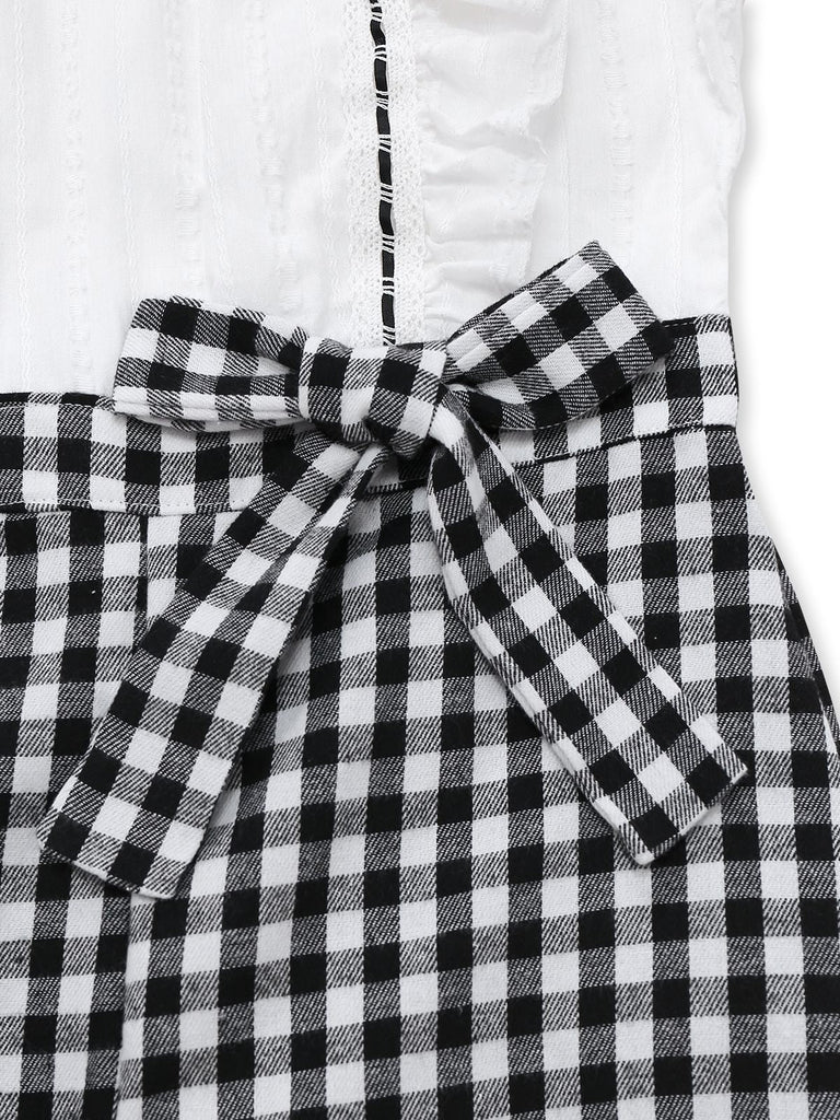 [Vorverkauf] 1930er Baumwolle Rüschen Kragen Bogen Tie Gingham Jumpsuit