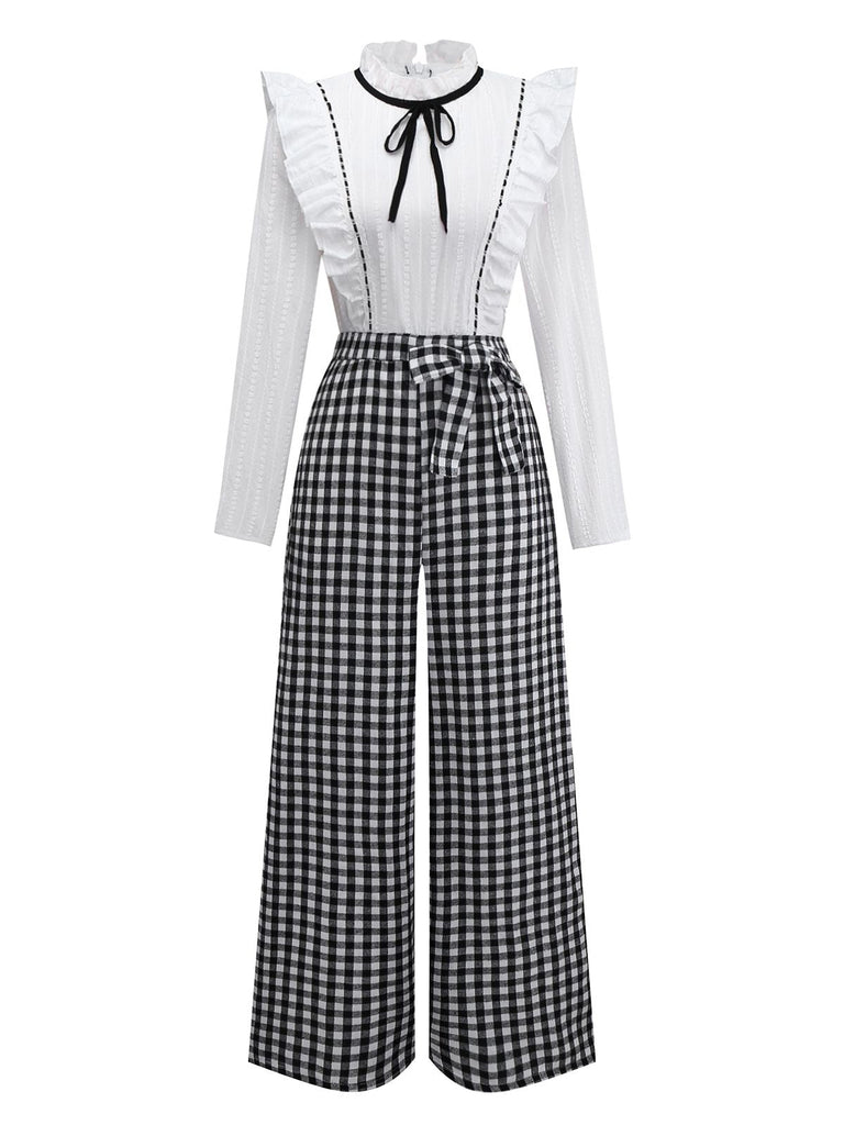[Vorverkauf] 1930er Baumwolle Rüschen Kragen Bogen Tie Gingham Jumpsuit