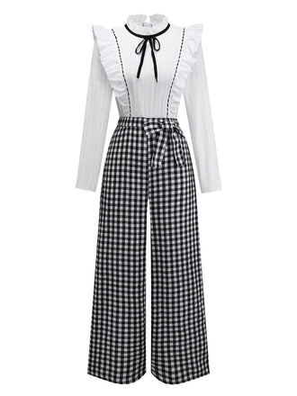 [Vorverkauf] 1930er Baumwolle Rüschen Kragen Bogen Tie Gingham Jumpsuit