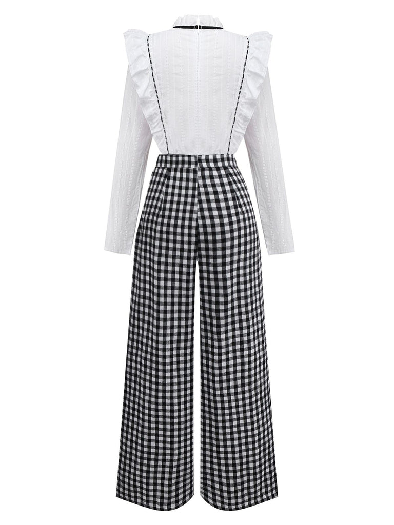 [Vorverkauf] 1930er Baumwolle Rüschen Kragen Bogen Tie Gingham Jumpsuit