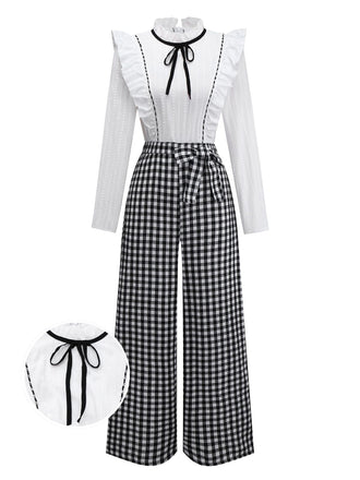 [Vorverkauf] 1930er Baumwolle Rüschen Kragen Bogen Tie Gingham Jumpsuit
