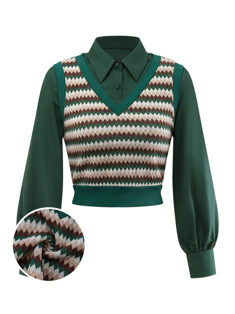 [Vorverkauf] Grün 1960er Fake 2PCS Stricken Weste Bluse