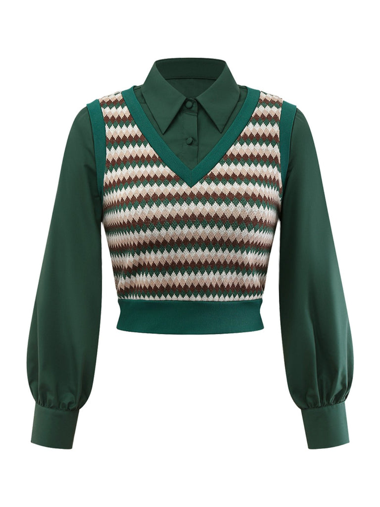 [Vorverkauf] 2PCS Grün 1960er Diamant-Check Stricken Weste Bluse & Rock
