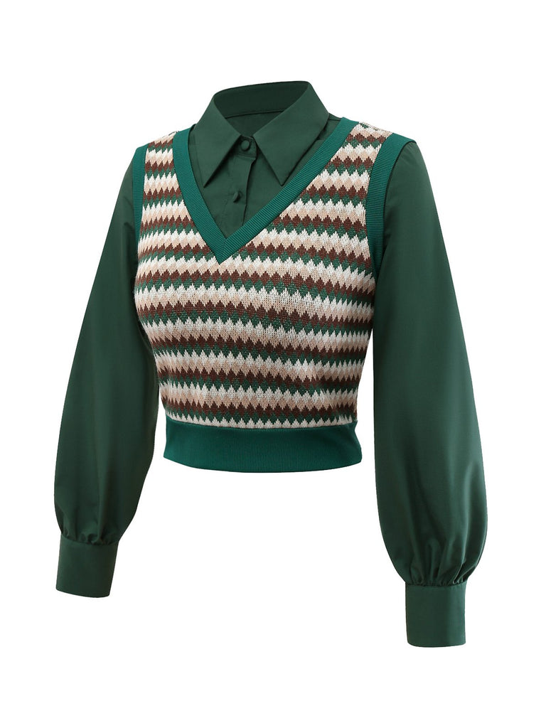 [Vorverkauf] 2PCS Grün 1960er Diamant-Check Stricken Weste Bluse & Rock
