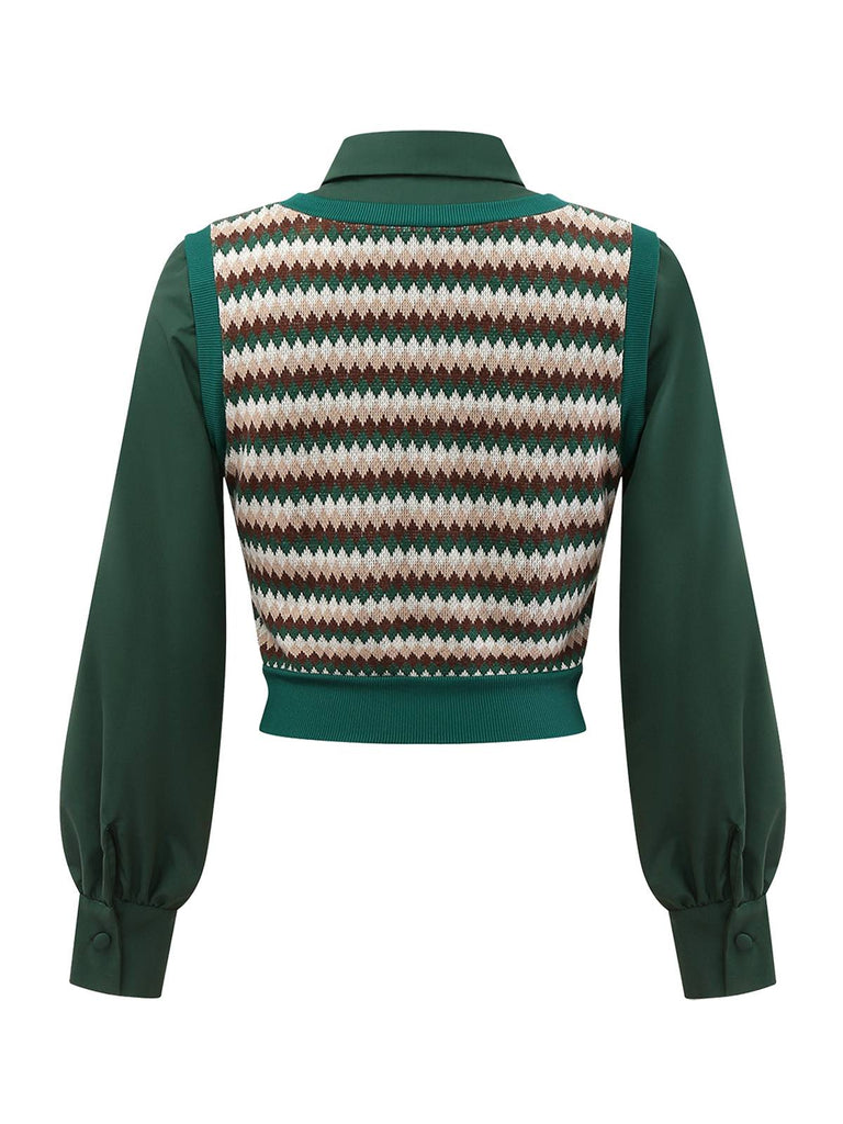 [Vorverkauf] 2PCS Grün 1960er Diamant-Check Stricken Weste Bluse & Rock