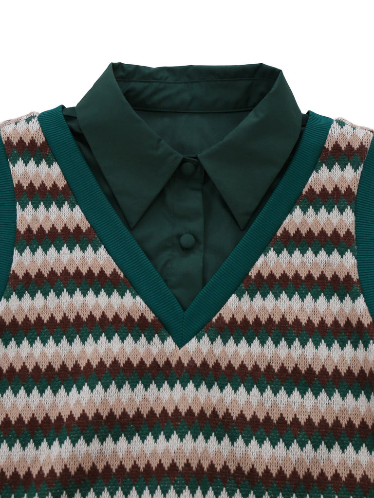 [Vorverkauf] 2PCS Grün 1960er Diamant-Check Stricken Weste Bluse & Rock