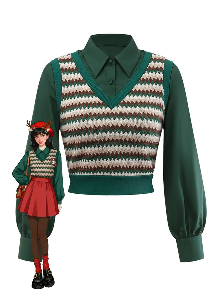 [Vorverkauf] Grün 1960er Fake 2PCS Stricken Weste Bluse