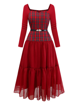 [Vorverkauf] Rot 1940er Plaid Netz Patchwork Schulterfrei Kleid