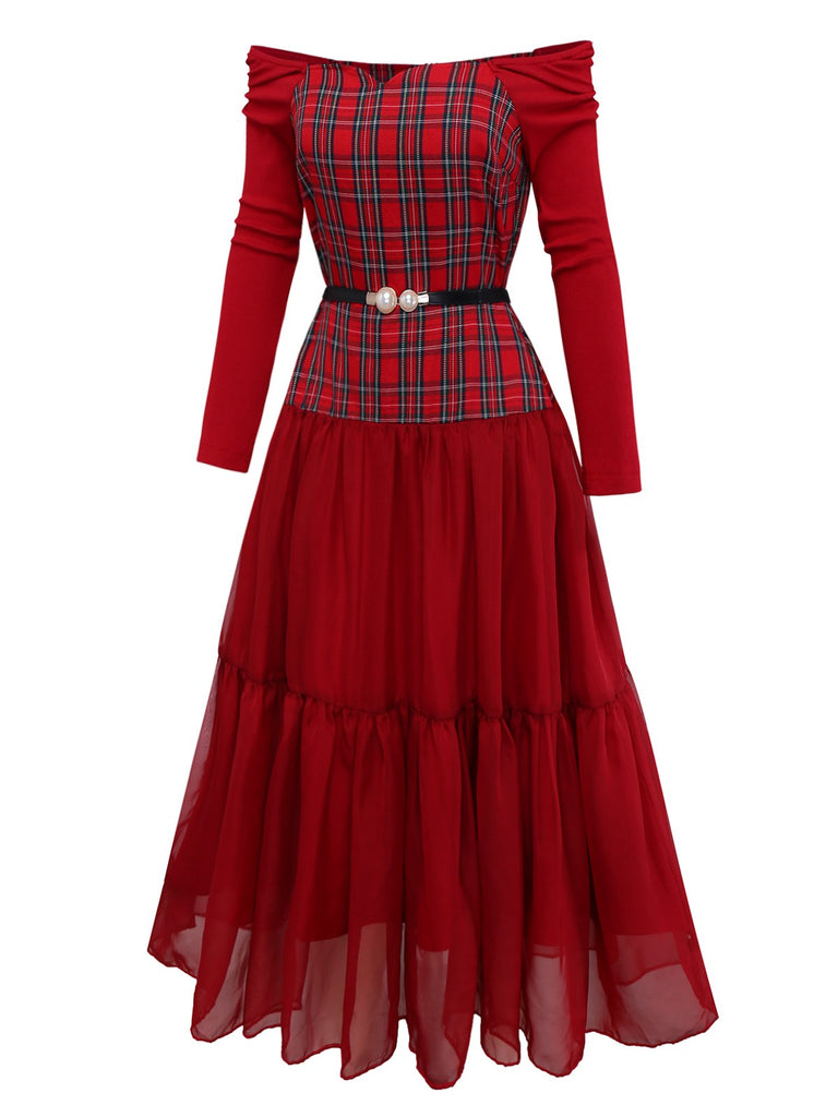 [Vorverkauf] Rot 1940er Plaid Netz Patchwork Schulterfrei Kleid