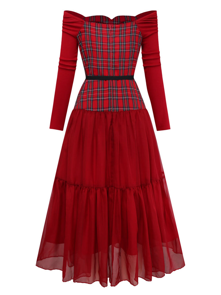 [Vorverkauf] Rot 1940er Plaid Netz Patchwork Schulterfrei Kleid