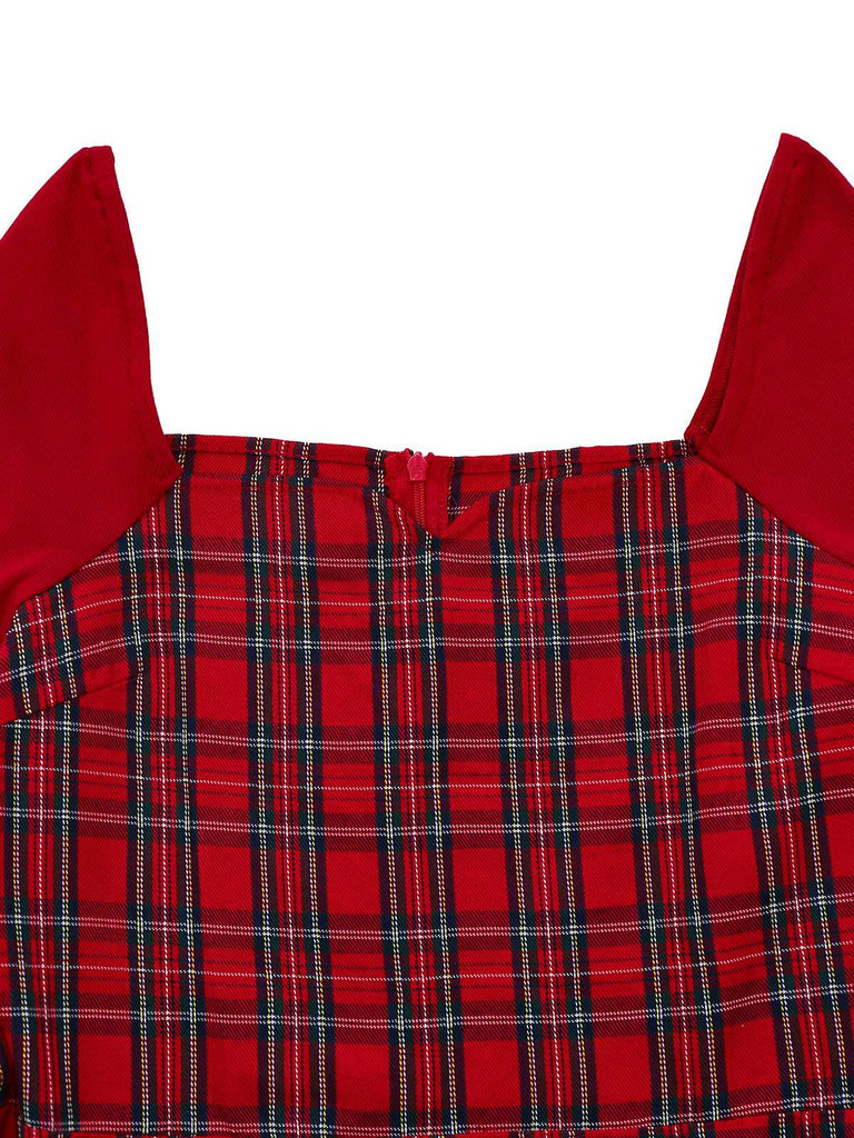 [Vorverkauf] Rot 1940er Plaid Netz Patchwork Schulterfrei Kleid