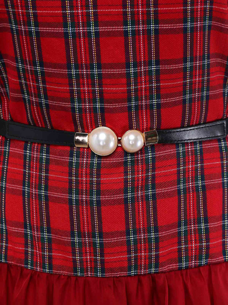 [Vorverkauf] Rot 1940er Plaid Netz Patchwork Schulterfrei Kleid