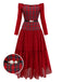 [Vorverkauf] Rot 1940er Plaid Netz Patchwork Schulterfrei Kleid