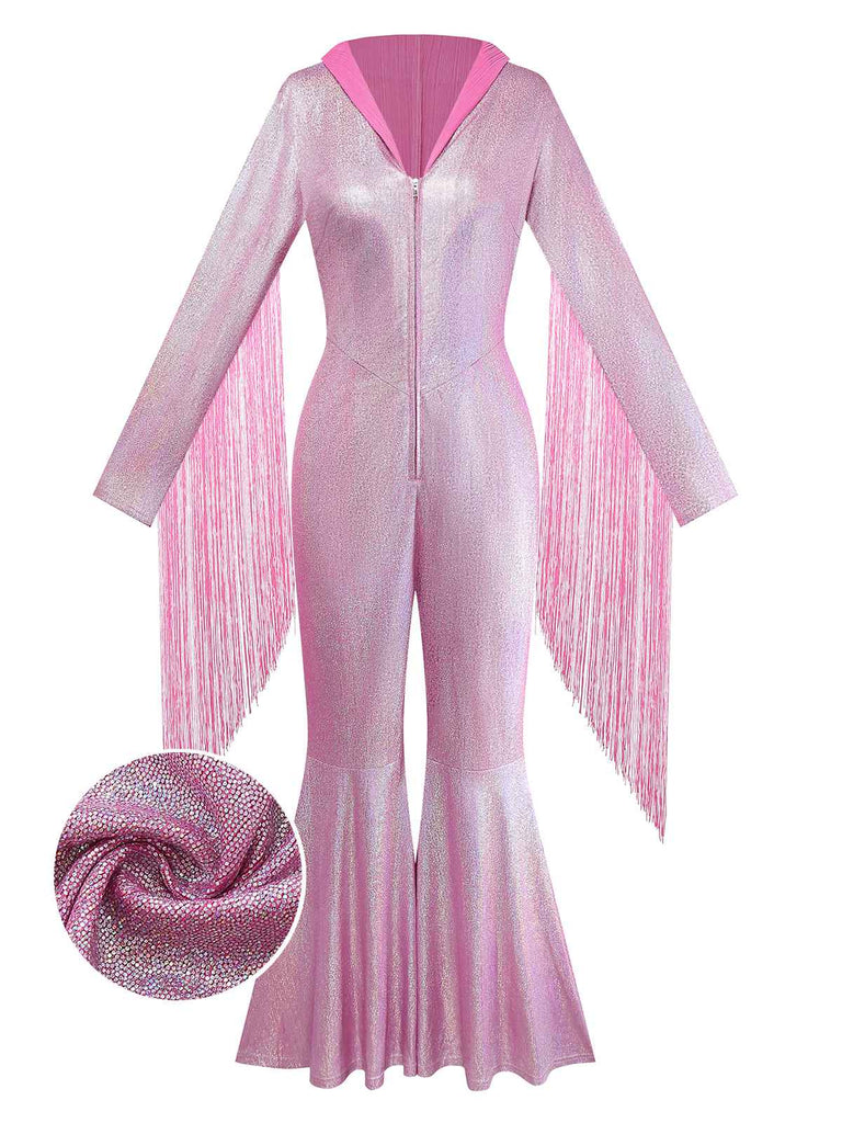[Vorverkauf] Rosa 1970er Blinken Tight Quaste Breite Bein Jumpsuit