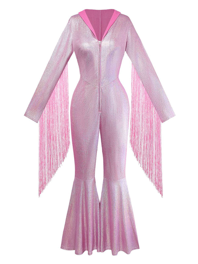 [Vorverkauf] Rosa 1970er Blinken Tight Quaste Breite Bein Jumpsuit