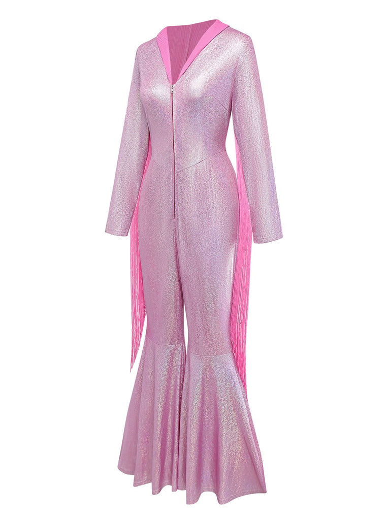 [Vorverkauf] Rosa 1970er Blinken Tight Quaste Breite Bein Jumpsuit