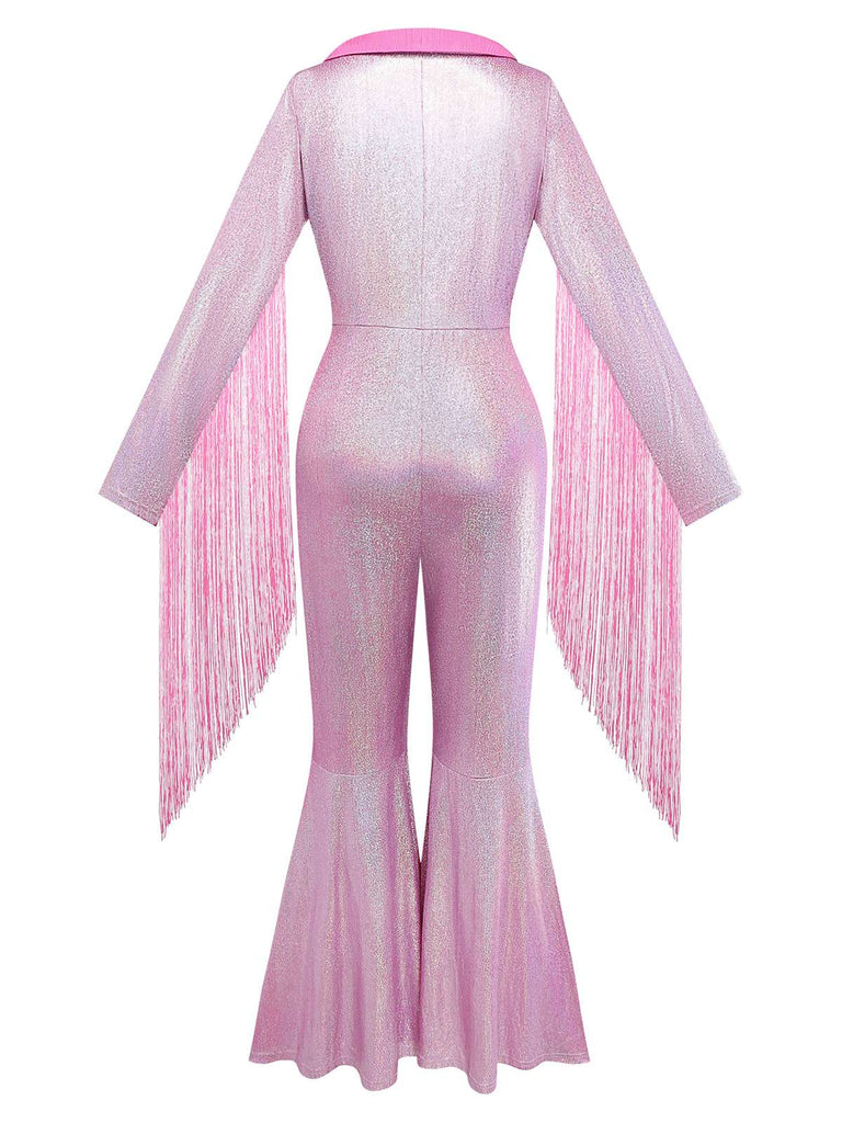 [Vorverkauf] Rosa 1970er Blinken Tight Quaste Breite Bein Jumpsuit