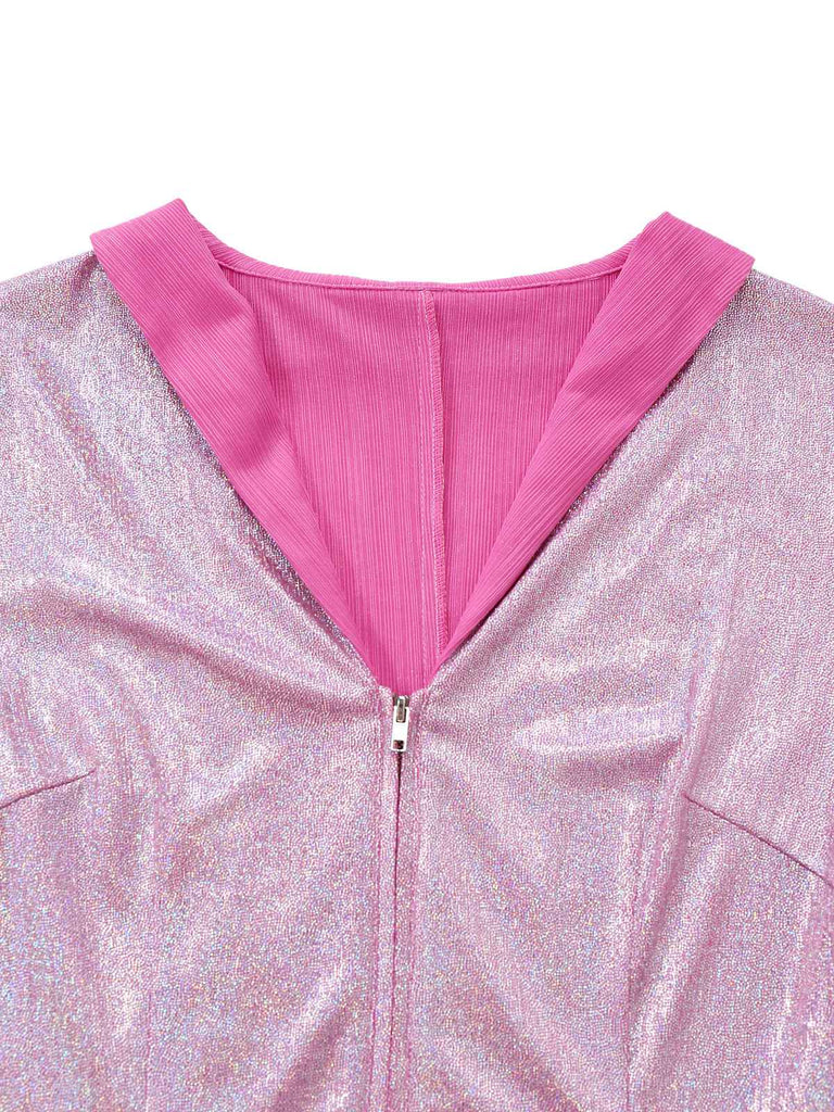 [Vorverkauf] Rosa 1970er Blinken Tight Quaste Breite Bein Jumpsuit