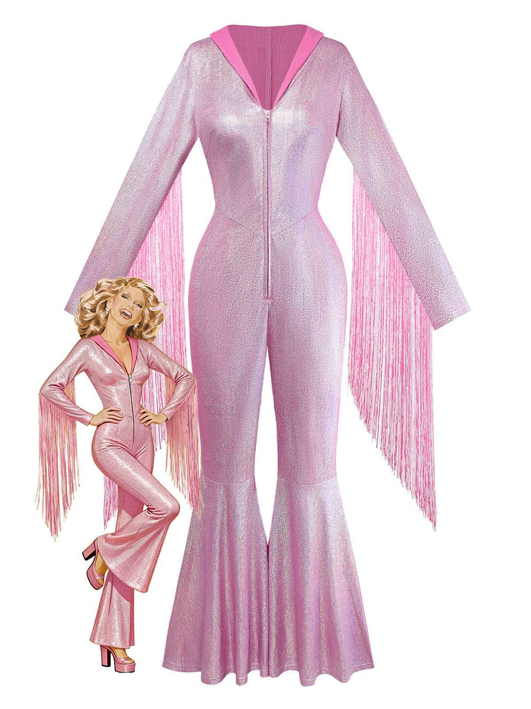 [Vorverkauf] Rosa 1970er Blinken Tight Quaste Breite Bein Jumpsuit