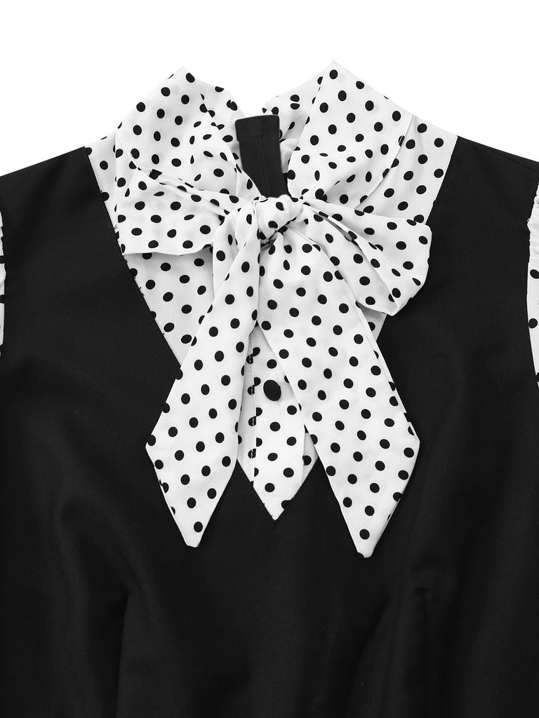 [Vorverkauf] Schwarz 1940er Dots Fake-Zweiteiler Bindekragen Jumpsuit