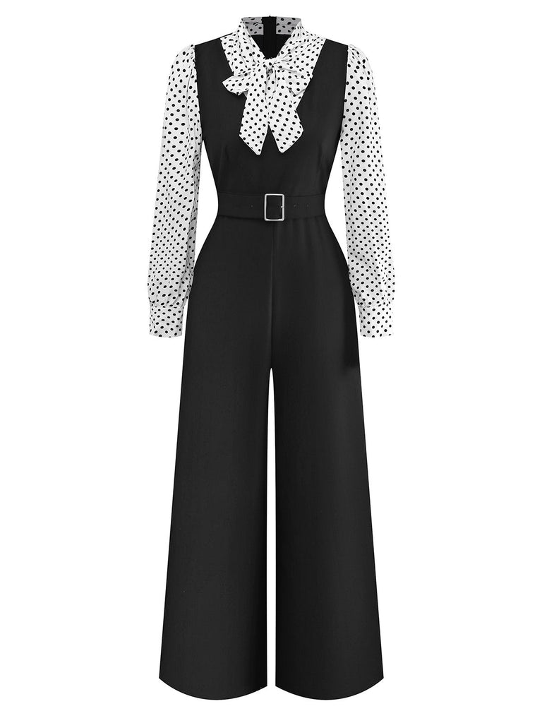 [Vorverkauf] Schwarz 1940er Dots Fake-Zweiteiler Bindekragen Jumpsuit