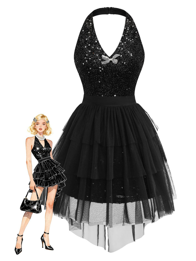 [Vorverkauf] 2PCS Schwarz 1960er Pailletten Halter Kleid & Netz Rock