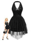 [Vorverkauf] 2PCS Schwarz 1960er Pailletten Halter Kleid & Netz Rock