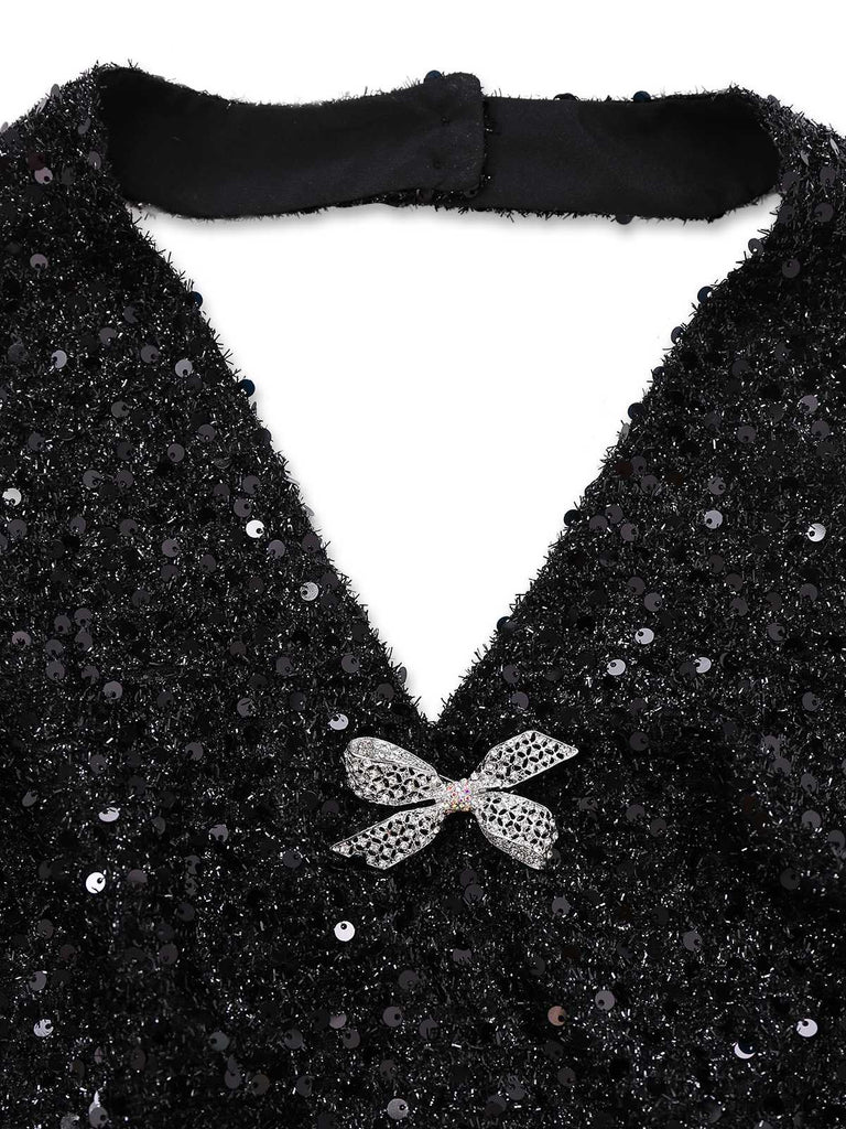 [Vorverkauf] Schwarz 1960er Halter Bogen Pailletten Kleid