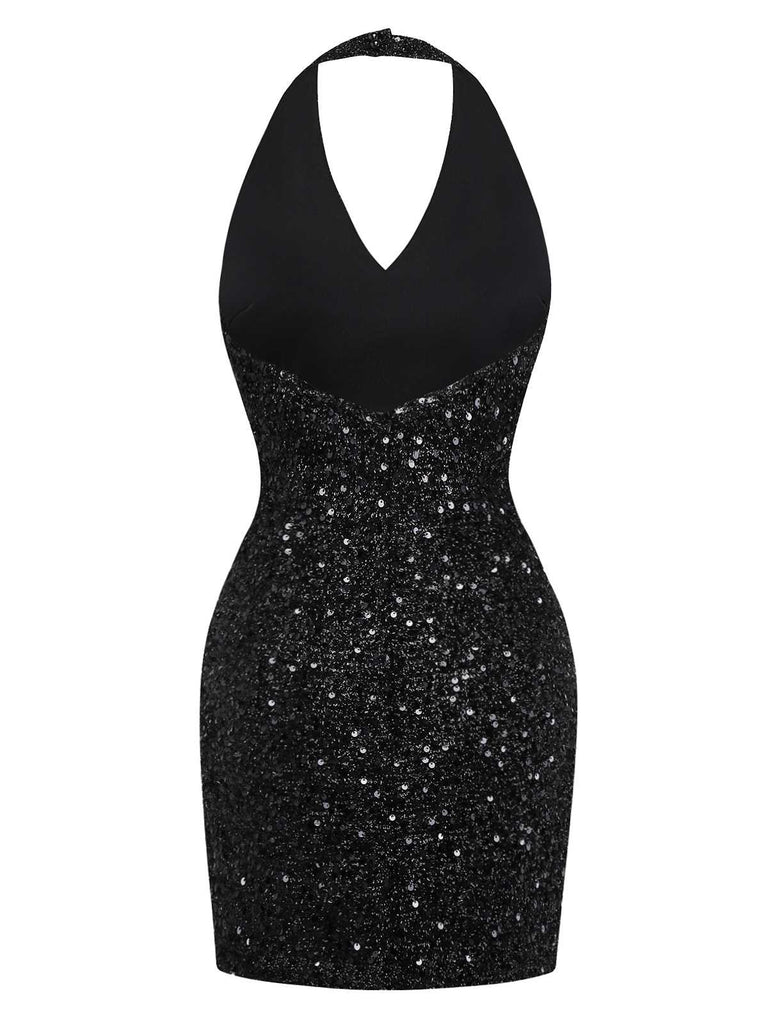 [Vorverkauf] Schwarz 1960er Halter Bogen Pailletten Kleid