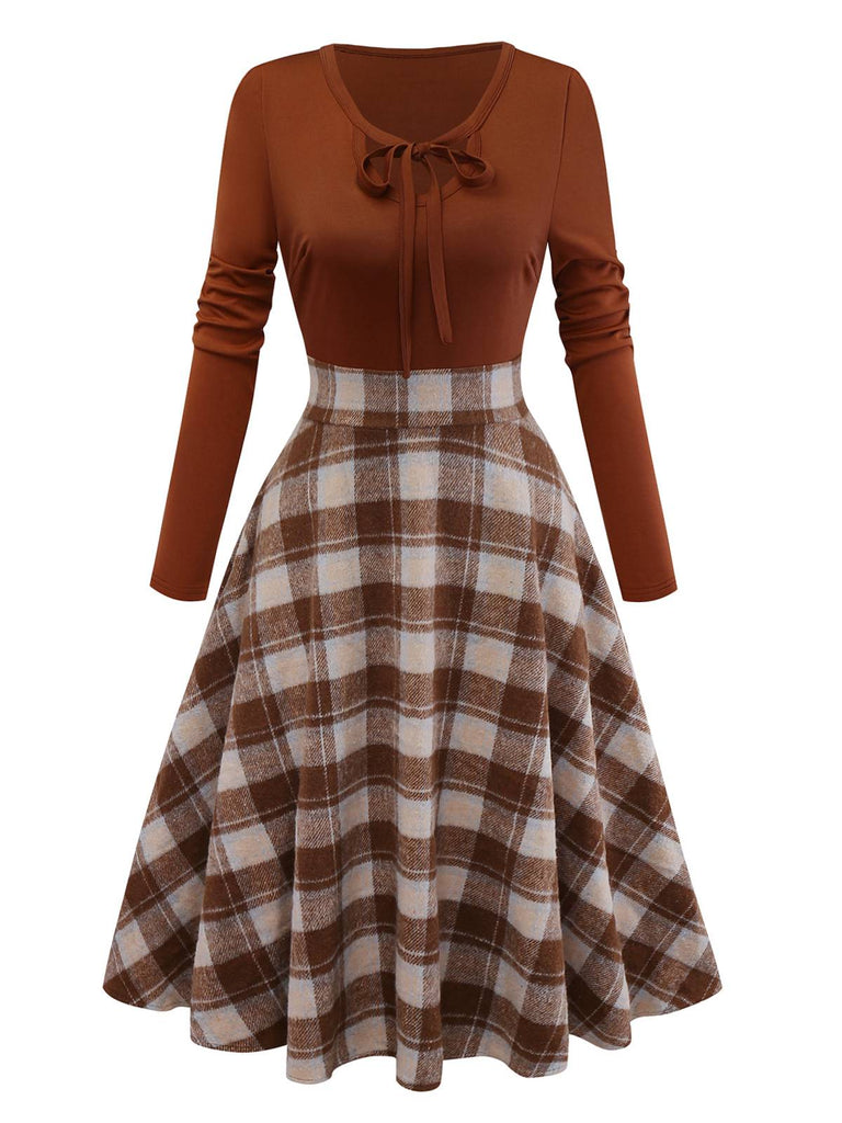 [Vorverkauf] Braun 1950er Krawattenhals Stricken Plaid Kleid